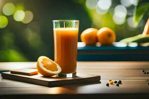 ett orange juice med en skiva av orange på en tabell. ai-genererad foto
