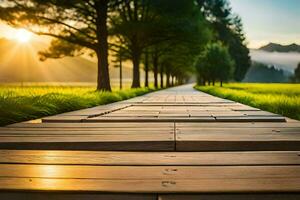 en trä- gångväg leder till en gräs- fält på solnedgång. ai-genererad foto