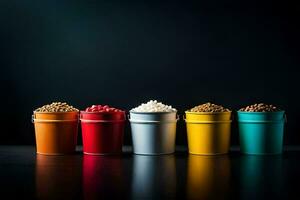 fem färgrik hinkar med annorlunda typer av mat. ai-genererad foto