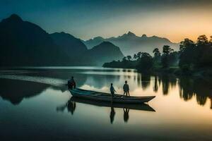 två människor i en båt på en sjö på solnedgång. ai-genererad foto