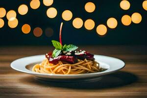 spaghetti med tomat sås och basilika på en tallrik. ai-genererad foto