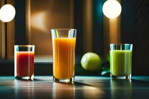 tre glasögon av juice på en tabell. ai-genererad foto
