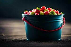en hink fylld med jordgubbar och äpplen. ai-genererad foto