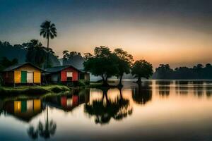 en sjö med hus och handflatan träd på solnedgång. ai-genererad foto