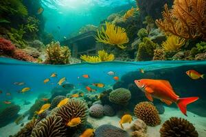 en korall rev med fisk och koraller. ai-genererad foto