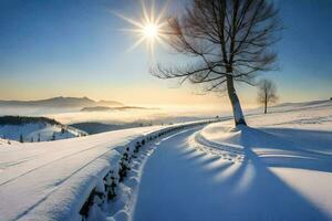 en träd i de snö med de Sol lysande. ai-genererad foto
