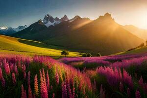 de Sol lyser på de bergen och blommor i de förgrund. ai-genererad foto