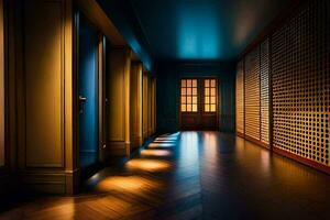 en hall med trä- golv och lampor. ai-genererad foto
