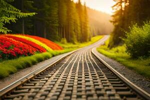 en tåg Spår med blommor i de förgrund. ai-genererad foto