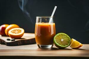 orange juice i en glas med en sugrör. ai-genererad foto