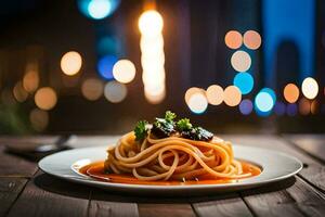 spaghetti med tomat sås på en tallrik. ai-genererad foto