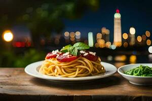 spaghetti med tomat och basilika på en tallrik. ai-genererad foto