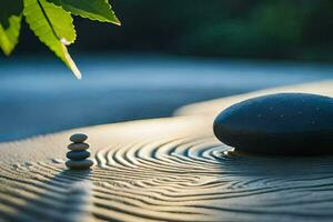 en zen sten och en sten på en trä- tabell. ai-genererad foto