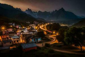 en stad i de bergen på natt. ai-genererad foto