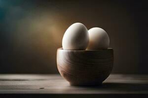 två ägg i en trä- skål på en tabell. ai-genererad foto