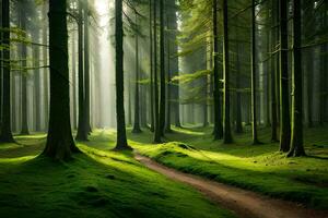 en väg genom en grön skog med solljus lysande genom de träd. ai-genererad foto