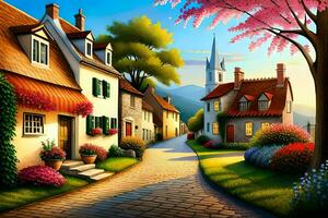 en målning av en gata med hus och träd. ai-genererad foto
