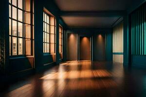 ett tömma rum med trä- golv och fönster. ai-genererad foto