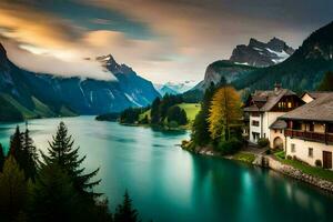 en skön sjö och berg landskap i de alperna. ai-genererad foto