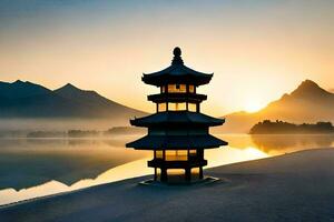 en pagod står i de mitten av en sjö på soluppgång. ai-genererad foto
