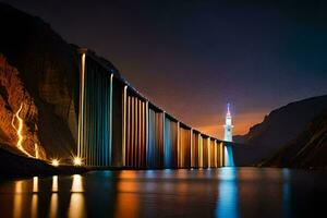 en bro med lampor på den på natt. ai-genererad foto