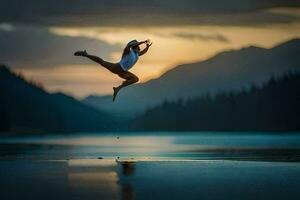en kvinna hoppar in i de luft i främre av en sjö. ai-genererad foto