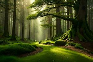 en väg genom en skog med mossiga träd. ai-genererad foto