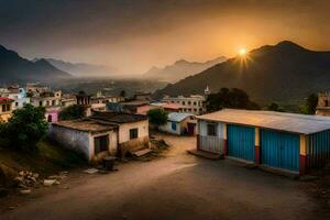 de Sol uppsättningar över en by i de berg. ai-genererad foto