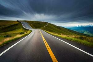 en lång exponering Foto av en väg med en stormig himmel. ai-genererad