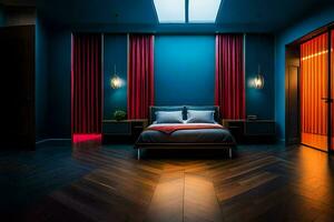 en sovrum med blå väggar och röd gardiner. ai-genererad foto