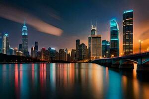 de stad horisont på natt i hong kong. ai-genererad foto