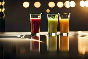tre glasögon av juice på en tabell. ai-genererad foto