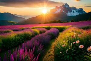 de Sol stiger över en lavendel- fält i de berg. ai-genererad foto