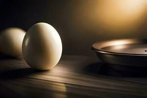 två ägg sitta på en tabell Nästa till en skål. ai-genererad foto