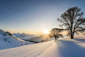 de Sol stiger över en snöig berg landskap. ai-genererad foto