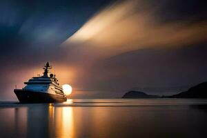 en stor Yacht i de hav på natt. ai-genererad foto