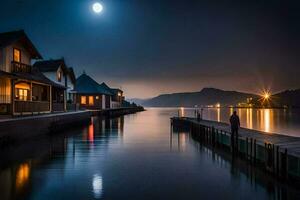 en månljus sjö med hus och en docka på natt. ai-genererad foto