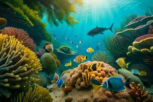 ett under vattnet scen med färgrik fisk och korall. ai-genererad foto
