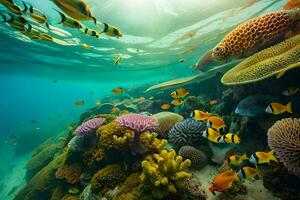 en korall rev med många annorlunda typer av fisk. ai-genererad foto