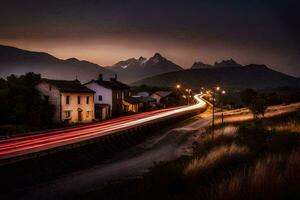 en lång exponering fotografera av en väg och bergen på natt. ai-genererad foto