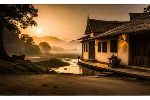 en hus med en flod i främre av den på solnedgång. ai-genererad foto