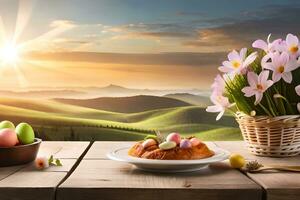 påsk frukost på de tabell med blommor och påsk ägg. ai-genererad foto