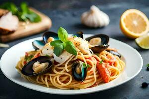 spaghetti med musslor och musslor. ai-genererad foto