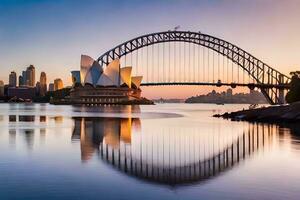 de sydney hamn bro och opera hus på solnedgång. ai-genererad foto