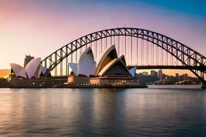 sydney opera hus och bro på solnedgång. ai-genererad foto