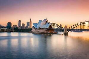 de sydney opera hus och bro på solnedgång. ai-genererad foto