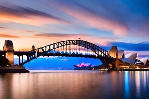 de sydney opera hus och de bro på solnedgång. ai-genererad foto