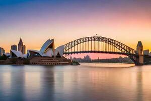 de sydney opera hus och bro på solnedgång. ai-genererad foto