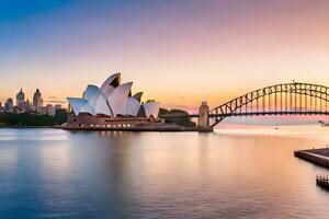 de sydney opera hus och bro på solnedgång. ai-genererad foto