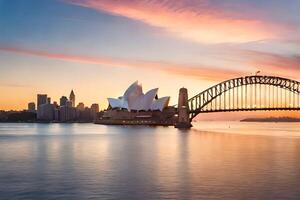 de sydney opera hus och bro på solnedgång. ai-genererad foto